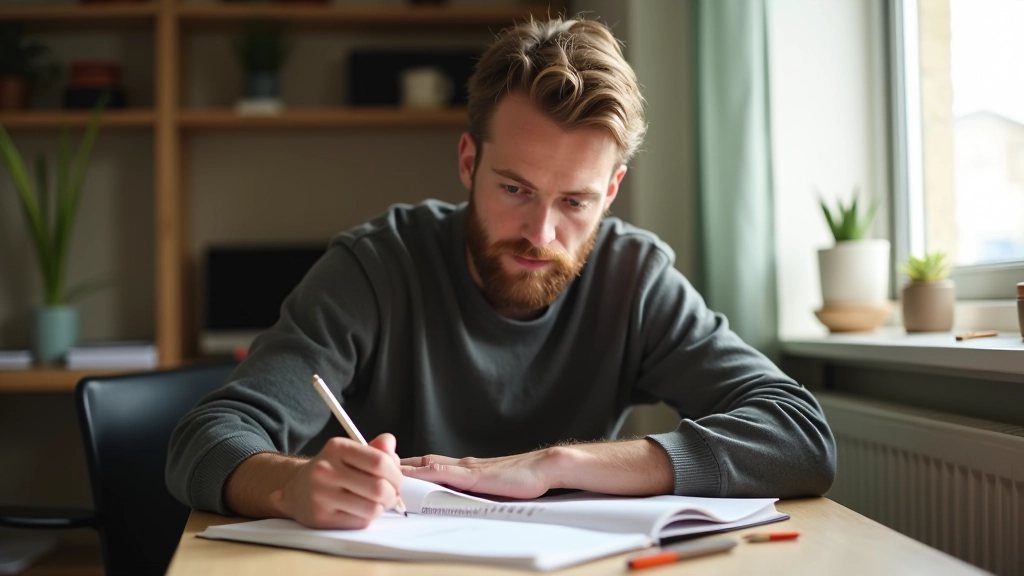 Person der skriver noter i en notesbog ved morgentid, naturligt lys fra vindue, stille hjemmekontor