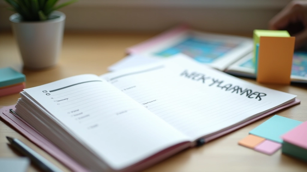 Ugentlig planner på skrivebord med farvede markeringspenner og notater